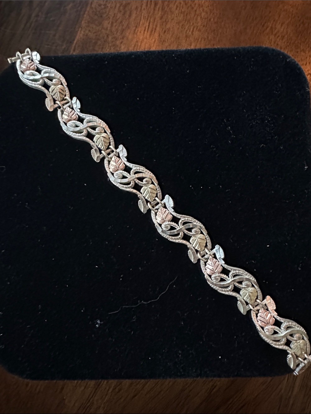 12k Black Hills Gold Tri-Color Leaf Link Bracelet on sterling silver